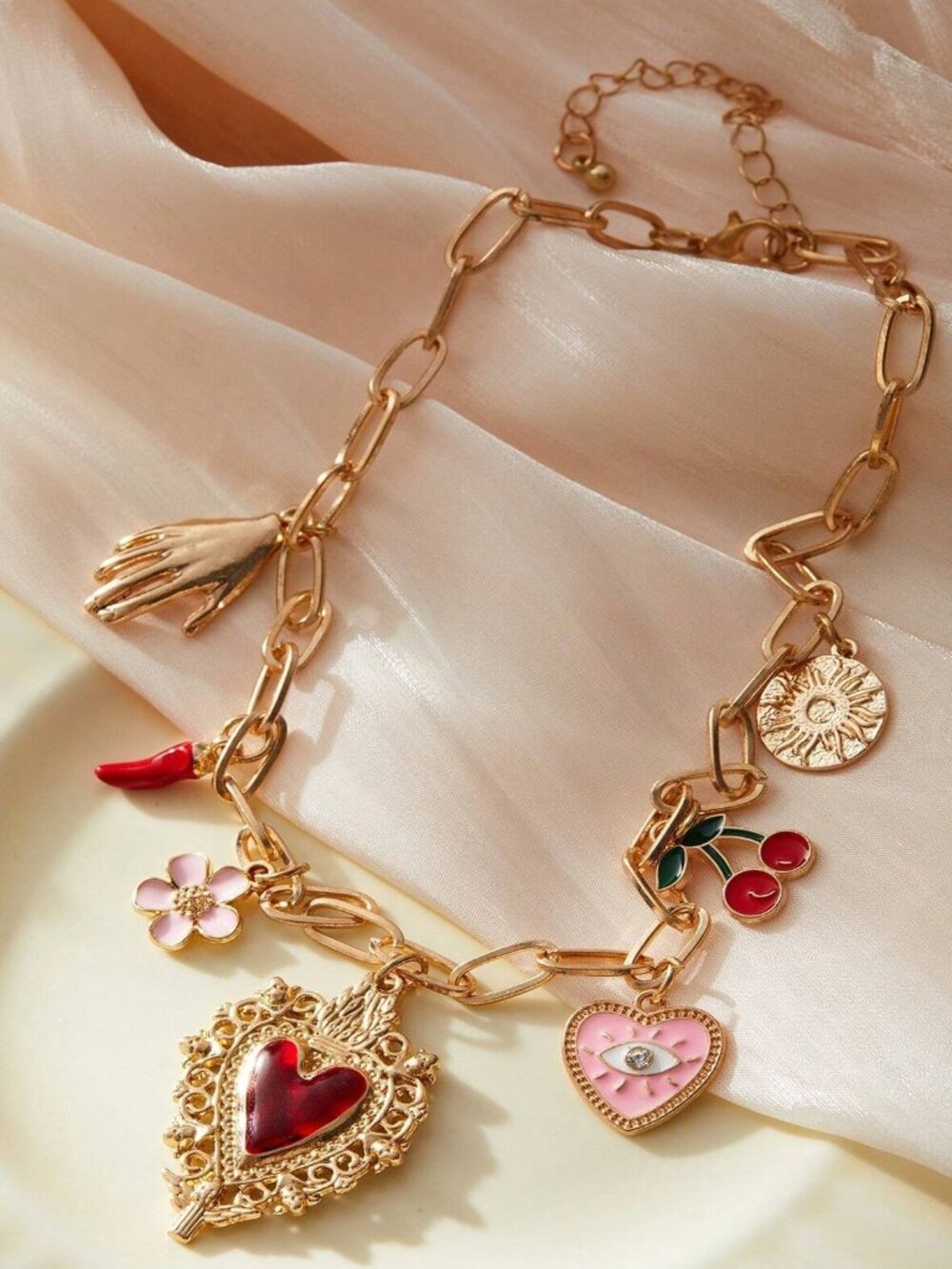 Gold Heart Charm Necklace Cherry Evil Eye Chili Flower Pendant